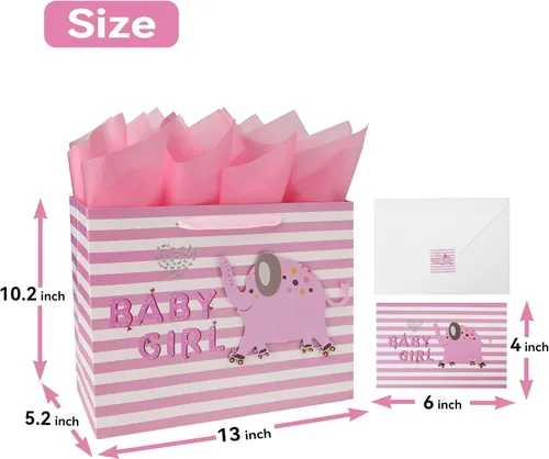 Vista 2 de wishinside Juego de bolsa de regalo rosa grande de 13 pulgadas con tarjeta de felicitación y papel de seda (elefante 3D) para bebé, baby shower