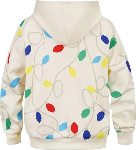 Vista 2 de Colorful House Suéter feo de Navidad con capucha para niños y niñas, sudadera de Navidad, disfraz con impresión 3D
