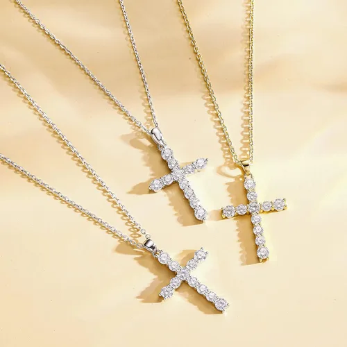 Vista 6 de Carleen Yellow Gold Plated Sterling Silver Cubic Zirconia CZ Simulated Diamond Cross Crucifix Pendant Necklace Jewelry Easter Gift for Women Girls