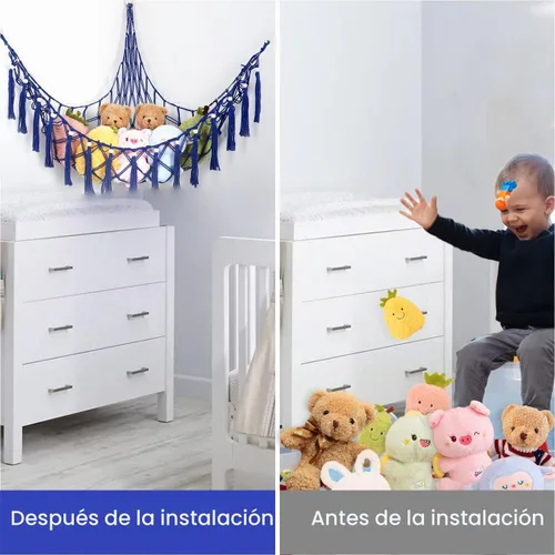 Vista 7 de Hamaca de animales de peluche, hamaca de macramé de almacenamiento de 55 pulgadas con 75 LED, red colgante para dormitorio de niños, organizador