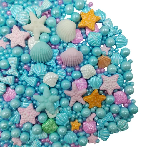 Vista 6 de Homankit Gránulos de dulces de sirena para hornear, postre, magdalenas, decoración de pasteles, estrella de mar, concha de mar, perla y sirena Azul