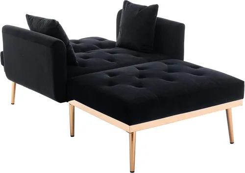 Vista 5 de Tumbona de terciopelo 2 en 1 para interiores, moderno sofá cama individual con dos almohadas, respaldo ajustable, silla reclinable convertible