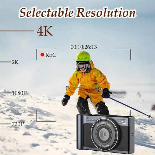 Vista 5 de Forc Cámara digital, cámara de fotos 4K con tarjeta de 64 GB, video antivibraciones con zoom 18X, cámara vintage para camping, viajes, vlogging