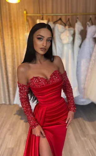 Vista 5 de Vestido de noche largo de satén con lentejuelas y hombros descubiertos, vestido de noche de sirena para mujer, vestido formal con abertura