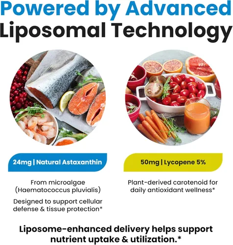 Vista 4 de Astaxantina liposomal 24 mg + licopeno 50 mg - 60 cápsulas Potente antioxidante para ojos, piel, corazón e inmune Complejo de microalgas