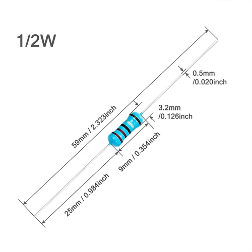 Vista 6 de Chanzon 100pcs 1/2W (0.5W) 1 Ω ohmios Resistencia fija de película metálica 0.01 ±1% Tolerancia 1R MF Orificio pasante Resistencias limitadoras