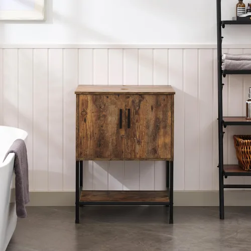 Vista 55 de UEV Juego de tocador de baño antiguo de 24 pulgadas, color marrón oscuro con lavabo, armario de baño de madera de hierro con grifo de temperatura