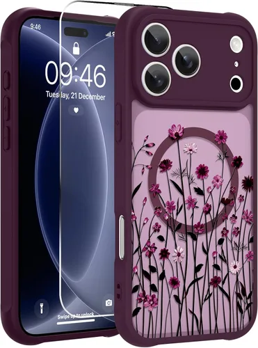 Vista 85 de OOK Funda magnética para iPhone 13 Pro Max [compatible con MagSafe] Funda delgada translúcida mate con flor silvestre negra, protección para lente
