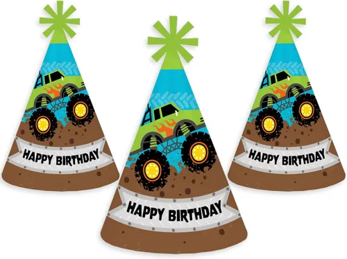 Vista 6 de Big Dot of Happiness Smash and Crash - Monster Truck - Cone Happy Birthday Party Hats for Kids and Adults - Set of 8