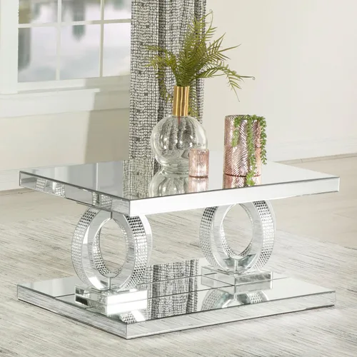 Vista 2 de Coaster Home Furnishings - Breena - Mesa de centro rectangular con espejo con cristales acrílicos, anillos entrelazados dobles y bordes biselados