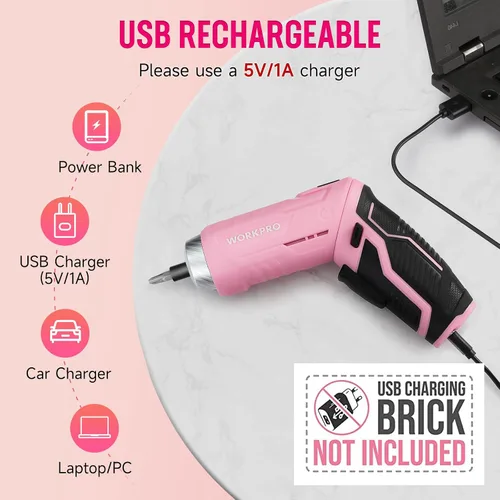 Vista 7 de WORKPRO - Juego de herramientas rosa de 53 piezas con destornillador inalámbrico y bolsa de herramientas