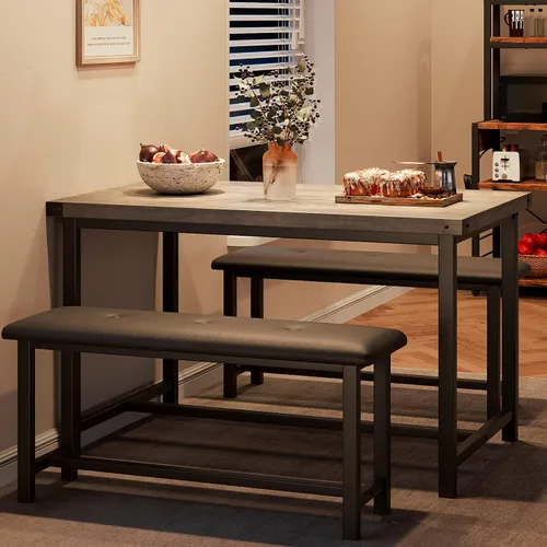 Vista 8 de Alkmaar Juego de mesa de cocina con 2 bancos tapizados para 4 personas, mesa rectangular de metal y madera para espacios pequeños, apartamento