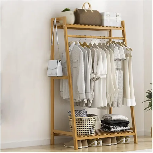 Vista 7 de Perchero independiente de madera maciza con 2 estantes, organizador de armario para dormitorio, ahorro de espacio (marrón, 19.7 in)