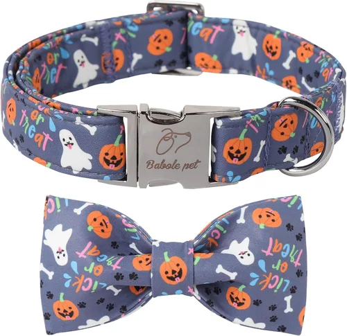 Vista 9 de Collar de Navidad para Perro con Pajarita - Lindo Collar de Cachorro Azul con Patrón Navideño de Cereza y Caramelo, Hebilla de Metal Ajustable