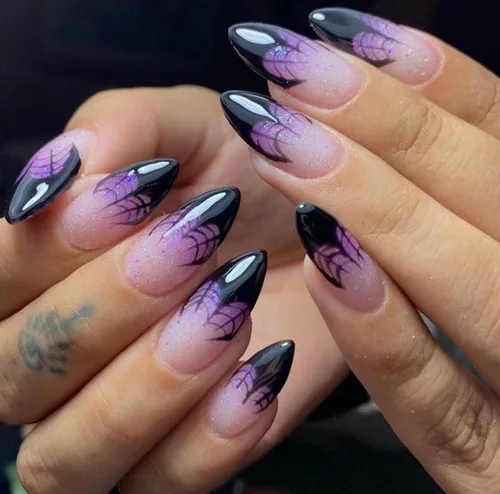 Vista 26 de Uñas postizas a presión de Halloween, uñas postizas de almendra, cobertura completa, uñas postizas rojas con diseños de gotas de sangre, punta 14