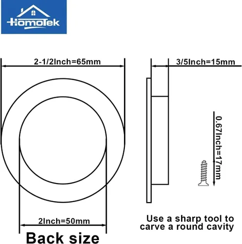 Vista 4 de HOMOTEK Paquete de 2 Manijas Redondas Deslizantes para Puerta de Armario Diámetro 2-1/2 pulgadas (65mm) Tiradores Empotrados Negros de Bolsillo