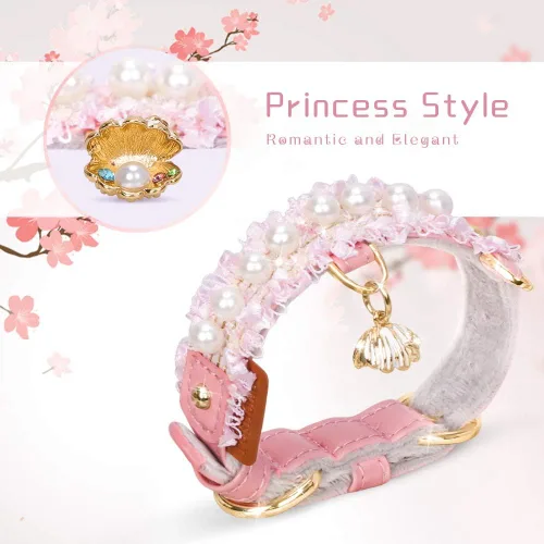 Vista 8 de Collar Premium de Cuero PU para Gato y Perro con Colgante de Concha - Ajustable, Perla Linda, Encaje Hermoso, Rosa Pequeña