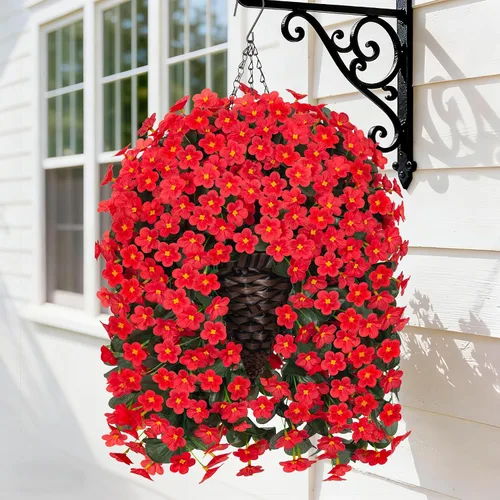 Vista 14 de Flores colgantes artificiales falsas con cesta para decoración al aire libre, resistentes a los rayos UV, flores de margaritas de seda sintética