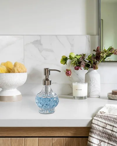 Vista 4 de JASAI Dispensador de jabón pequeño de vidrio transparente, dispensador de jabón de baño con bomba Strudy para cocina pequeña y baño, jabón de cocina