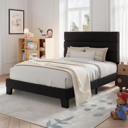 Vista 15 de Allewie Base de cama de plataforma de tamaño individual con cabecera tapizada de tela y soporte de listones de madera, base de colchón totalmente