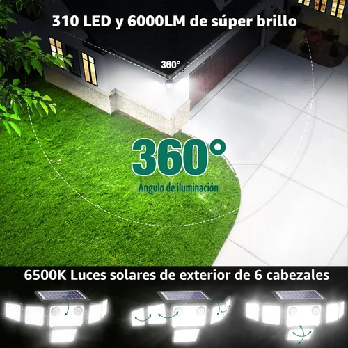 Vista 3 de Luces solares para exteriores, 6000 lm, 284 LED, doble sensor de movimiento, luces solares de 6 cabezales, luces de pared de seguridad, IP65