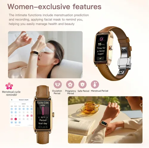 Vista 5 de Amoled Laies - Reloj inteligente para mujer, reloj inteligente con correa de piel, monitor de ritmo cardíaco, estrés, sueño, 12 modos deportivos