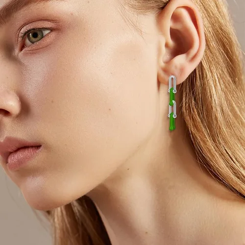 Vista 2 de Aretes de aro convertibles de oro para mujer Juego de aretes de aro de eslabones de plata de 14 quilates, esmalte Y2K, multicolor, rectangular