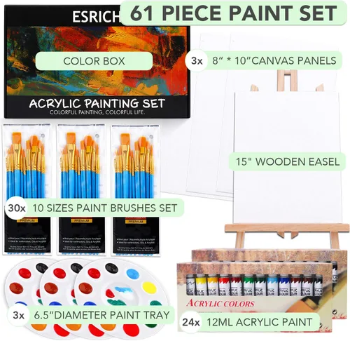 Vista 7 de ESRICH Juego de pintura acrílica, suministros de pintura con 2 piezas de pintura acrílica de 12 colores, 1 caballete, 3 lienzos, 30 pinceles y 3