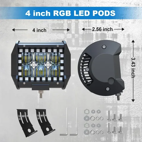 Vista 2 de Lpteso Paquete de 4 Barras de Luz LED RGB de Trabajo de Inundación de 4 Pulgadas, Pods LED Todoterreno, Luces Antiniebla de Conducción con Halo RGB