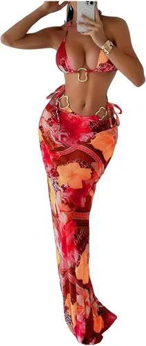 Vista 10 de WDIRARA Conjunto de bikini para mujer de 3 piezas, estampado floral halter con anillos, leopardo, traje de baño con falda de playa Varios