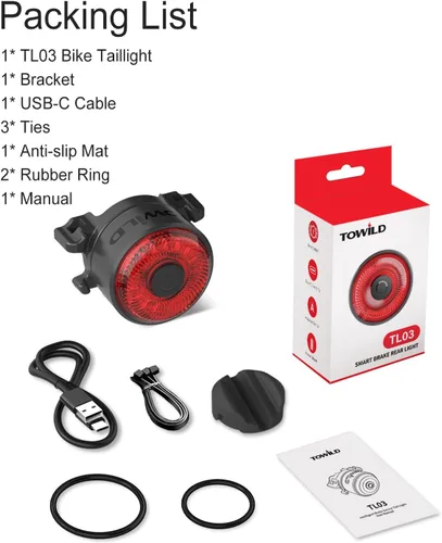 Vista 9 de TOWILD TL03 - Luz trasera para bicicleta, luces traseras de bicicleta con detección de freno inteligente, cable tipo C, impermeable, luces traseras