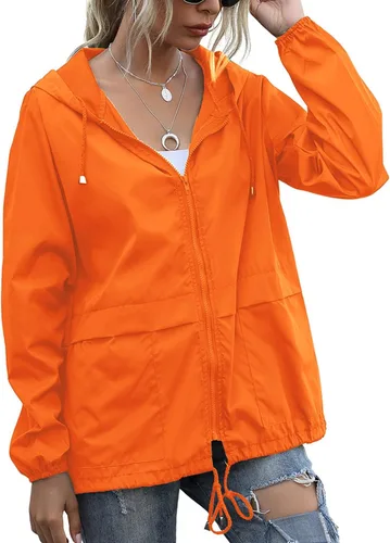 Vista 10 de PESION Chaqueta impermeable ligera para mujer, rompevientos con capucha y bolsillo para exteriores Verde militar