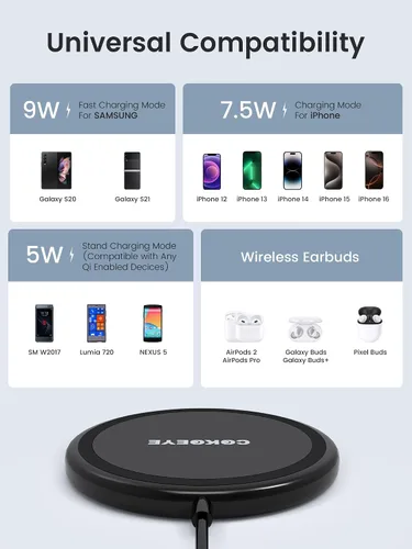 Vista 4 de COKOEYE Cargador inalámbrico, almohadilla de carga inalámbrica rápida de 15 W, paquete de 2 unidades compatible con iPhone 17/17 Air/17 Pro/17 Pro
