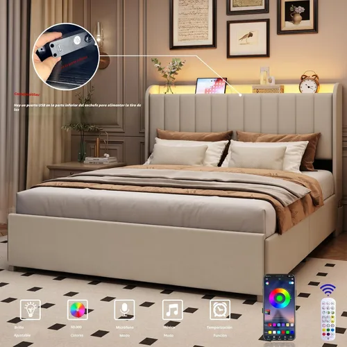 Vista 5 de Marco de cama completa con 4 cajones y cabecera de almacenamiento, marco de cama de plataforma tapizada tamaño completo con luces LED y práctica