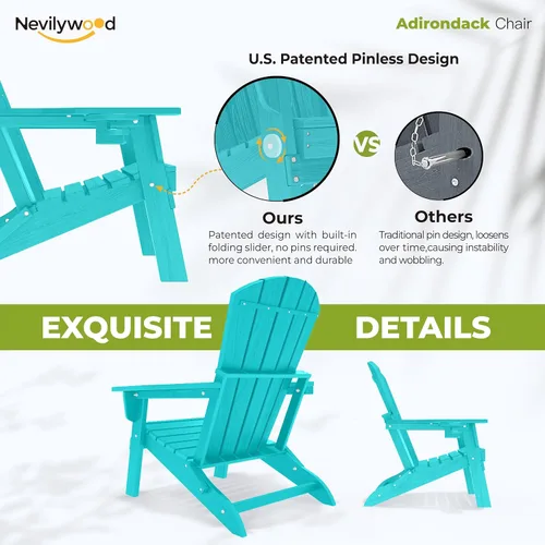 Vista 6 de nevilywood Silla Adirondack plegable – Respaldo ergonómico extendido, portavasos – Fácil montaje – Plástico HDPE duradero, resistente a