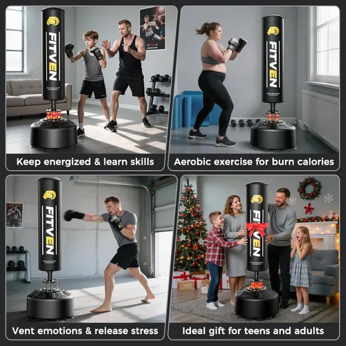 Vista 7 de FITVEN - Bolsa de boxeo independiente con guantes de boxeo, bolsa de boxeo pesada con base de ventosa - Bolsa de kickboxing para hombres