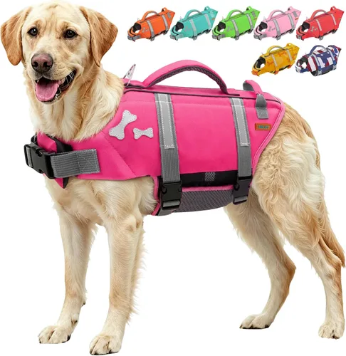 Vista 20 de EMUST Chalecos salvavidas para perros, chaleco flotante para canotaje con 2 Brillante rosa