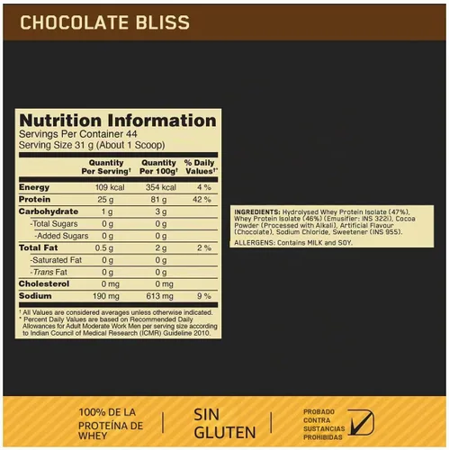 Vista 2 de Optimum Nutrition Gold Standard 100% aislado, proteína en polvo, chocolate Bliss, 3 libras, 44 porciones. Aislado de proteína de suero