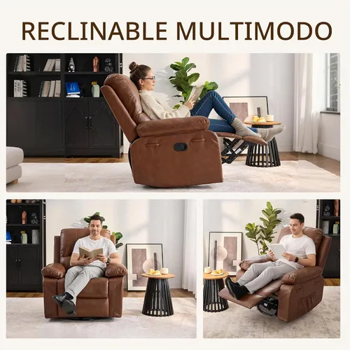 Vista 8 de Silla reclinable de cuero mecedora giratoria de 360° para adultos Camello