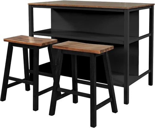Vista 4 de Polibi Juego de isla de cocina de 3 piezas con 2 taburetes y 2 estantes, juego de mesa de comedor de madera de goma rústica con estantes abiertos