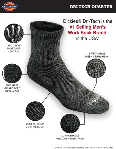 Vista 2 de Dickies Calcetines Dri-Tech para hombre con control de humedad, disponibles en tallas M-XXL (6, 12, 18 pares)