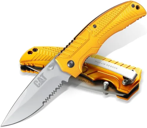 Vista 4 de CAT Drop Point Folding Knife, 7Cr17MoV Stainless Steel Blade, Gold Aluminum Handle, Liner-Lock, EDC Outdoor Camping Knife