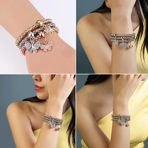 Vista 5 de GuGoLar 12 pulseras de cadena de maíz de oroplataoro rosa de cristal multicapa de mariposa círculo de corazón medallón de árbol de la vida