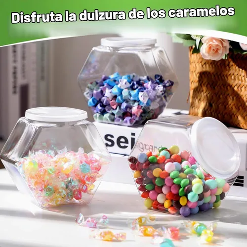 Vista 5 de Hoolerry Juego de 12 tarros de plástico para dulces con cucharas que incluye 6 tarros hexagonales para galletas con tapa para bufé de dulces y 6