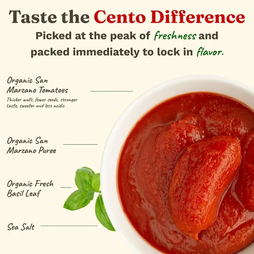 Vista 3 de Cento Tomates enteros orgánicos certificados San Marzano pelados de 28 onzas (paquete de 6), tomates ciruela enlatados en puré grueso con albahaca