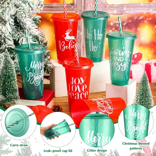 Vista 3 de Tioncy 50 vasos de plástico de Navidad con tapas y popote a granel, vasos de plástico de Navidad reutilizables de 25 onzas, tazas de Navidad
