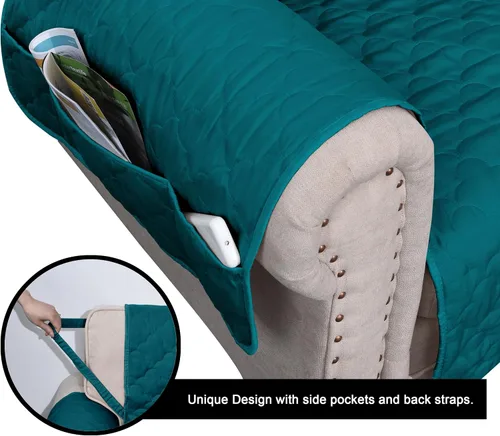 Vista 3 de CHHKON Funda de sofá 100% impermeable para proteger los muebles de las mascotas, con bolsillos laterales (azul pavo real, 23 pulgadas)