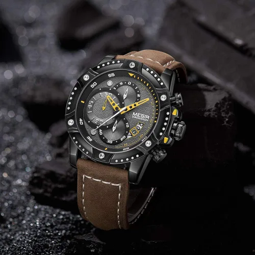 Vista 3 de MEGIR Reloj analógico de cuarzo para hombre con correa de cuero de cara grande para deportes 2130