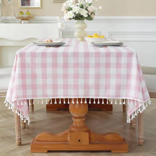 Vista 14 de Laolitou Mantel redondo a cuadros verde, de lino y algodón, con borla, a cuadros de búfalo, lavable, mantel de gingham para sala de estar