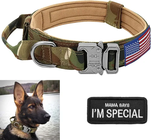 Vista 7 de Collar táctico para perro con bandera estadounidense de Estados Unidos, collar militar grueso con asa, collar de nailon resistente K9, hebilla
